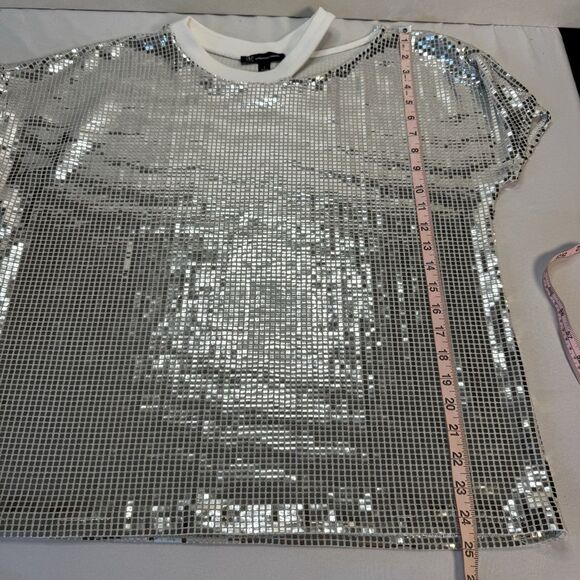 INC International Concepts Sequin Mesh Top Silver Shimmer Party Blouse L - Picture 8 of 10